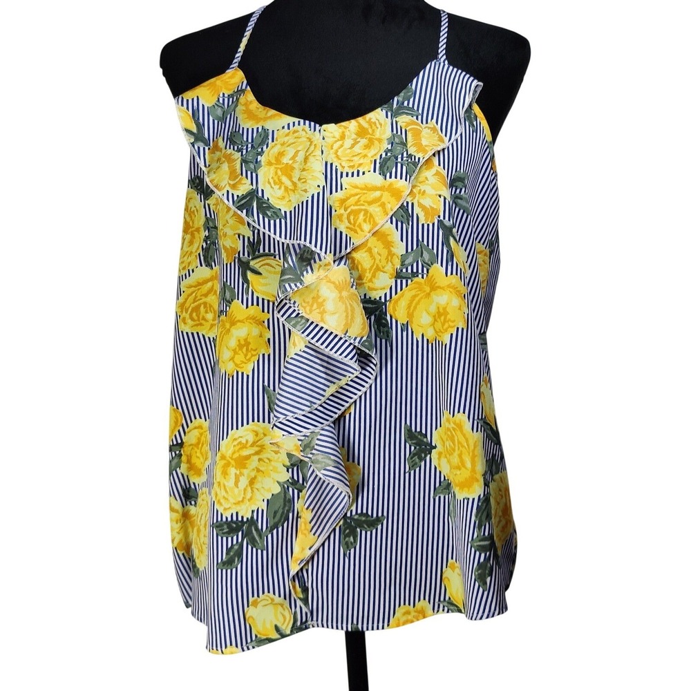 Time To Bloom Women's Floral Stripe Ruffle Tank Top Size M romantic chic